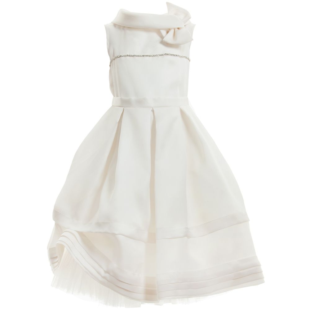 Monnalisa Chic-Couture Cream Satin Dress with Diamanté Trim | Childrensalon Outlet