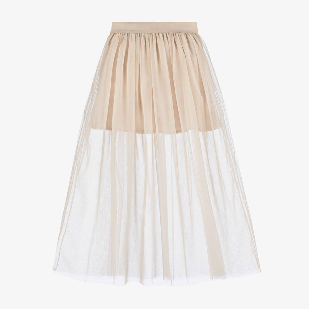 Monnalisa-Girls Ankle-Length Beige Tulle Skirt | Childrensalon Outlet