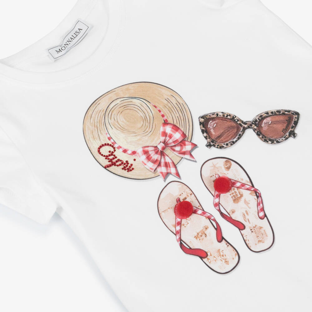 Monnalisa-Girls Beachy White Cotton Tee | Childrensalon Outlet