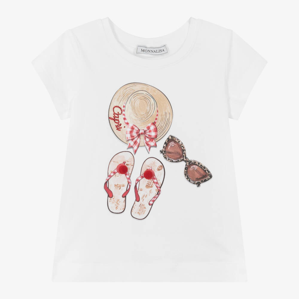 Monnalisa-Girls Beachy White Cotton Tee | Childrensalon Outlet