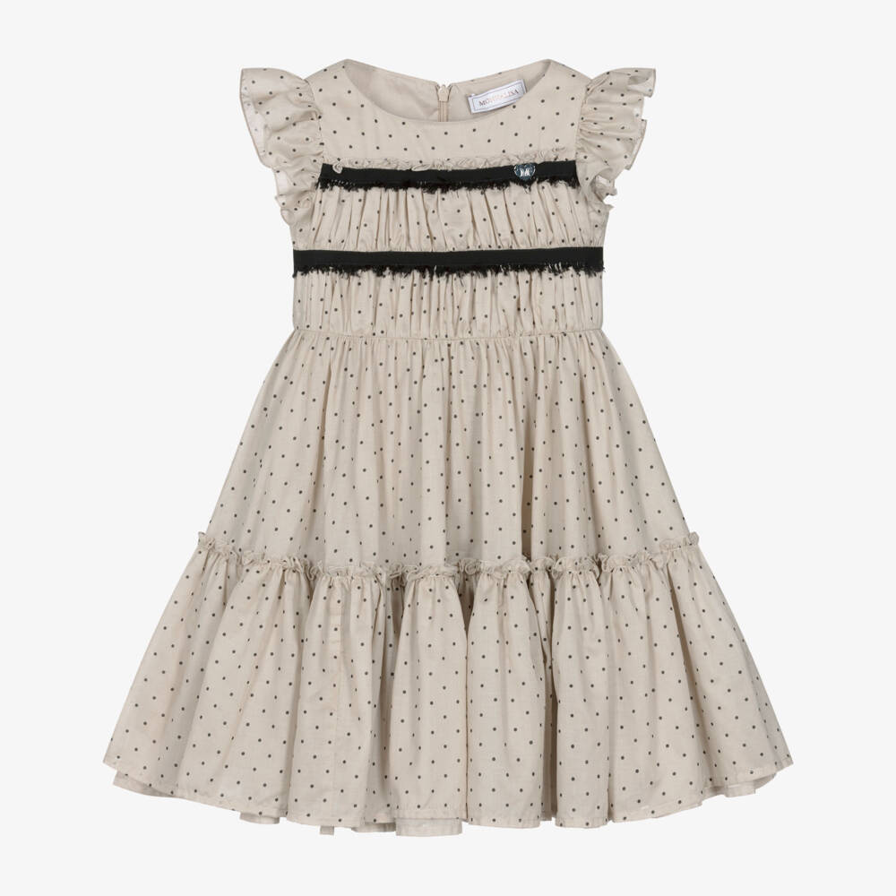 Monnalisa-Girls Beige & Black Polka Dot Ruffle Dress | Childrensalon Outlet