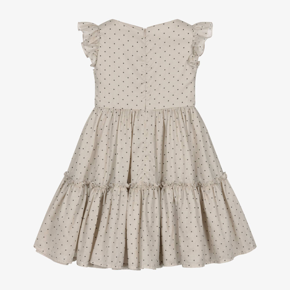 Monnalisa-Girls Beige & Black Polka Dot Ruffle Dress | Childrensalon Outlet