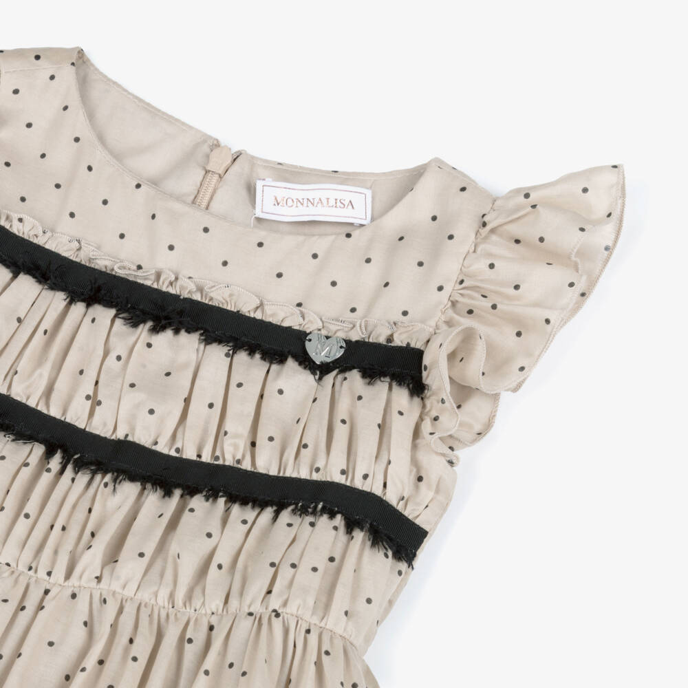 Monnalisa-Girls Beige & Black Polka Dot Ruffle Dress | Childrensalon Outlet