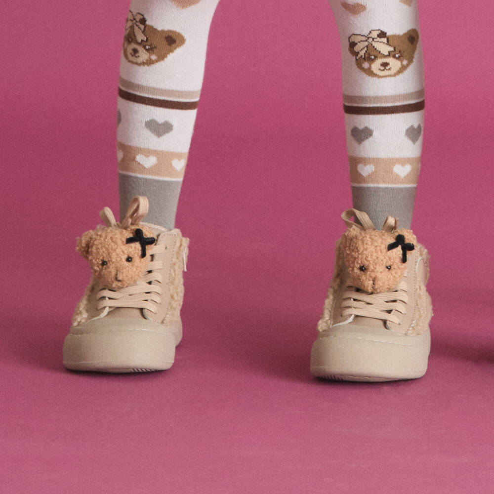 Monnalisa-Girls Beige Bouclé Fleece Trainers with Teddies | Childrensalon Outlet