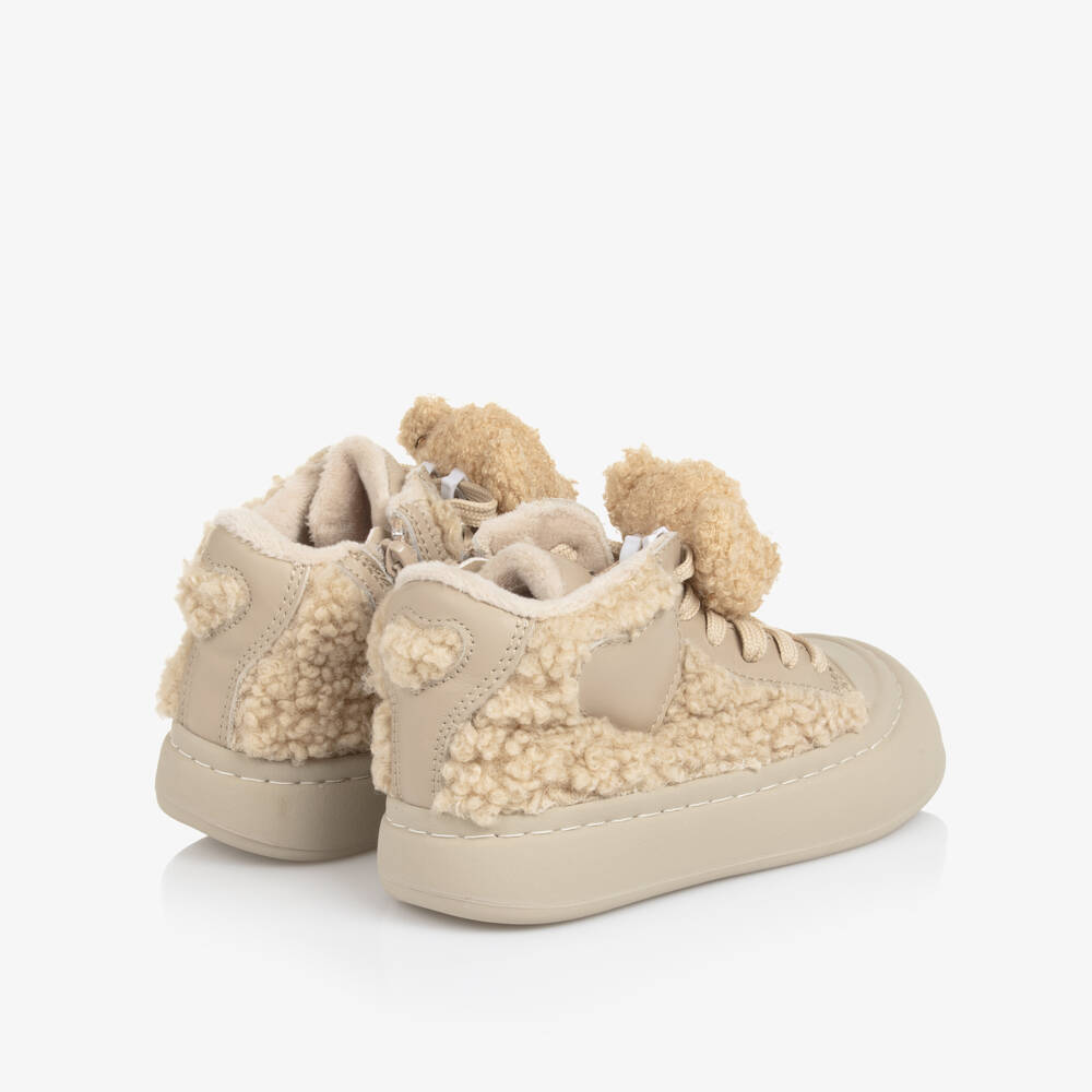 Monnalisa-Girls Beige Bouclé Fleece Trainers with Teddies | Childrensalon Outlet