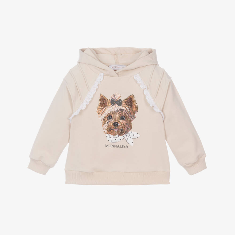 Monnalisa-Girls Beige Cotton Hoodie with Diamanté Dog Motif | Childrensalon Outlet
