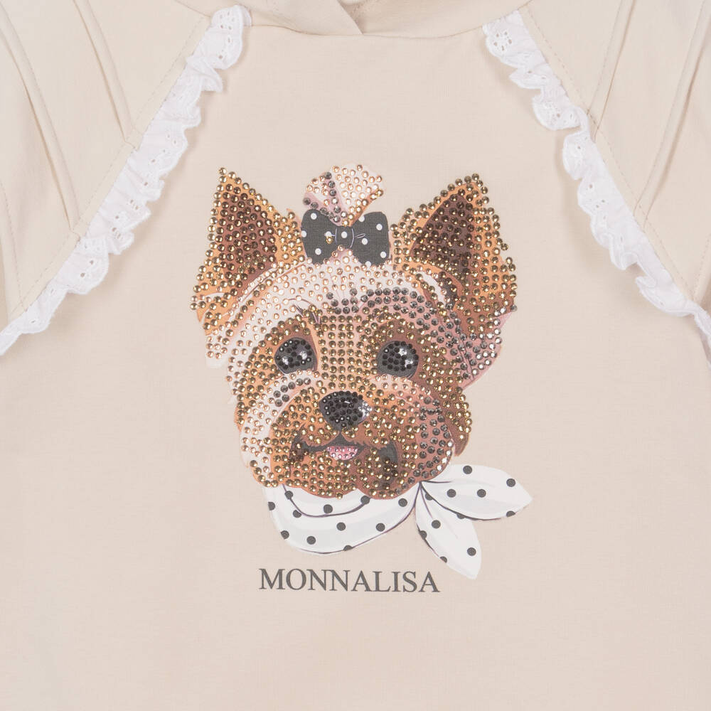 Monnalisa-Girls Beige Cotton Hoodie with Diamanté Dog Motif | Childrensalon Outlet