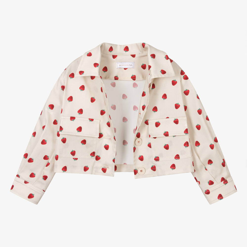 Monnalisa-Girls Beige Cotton Strawberry Jacket | Childrensalon Outlet