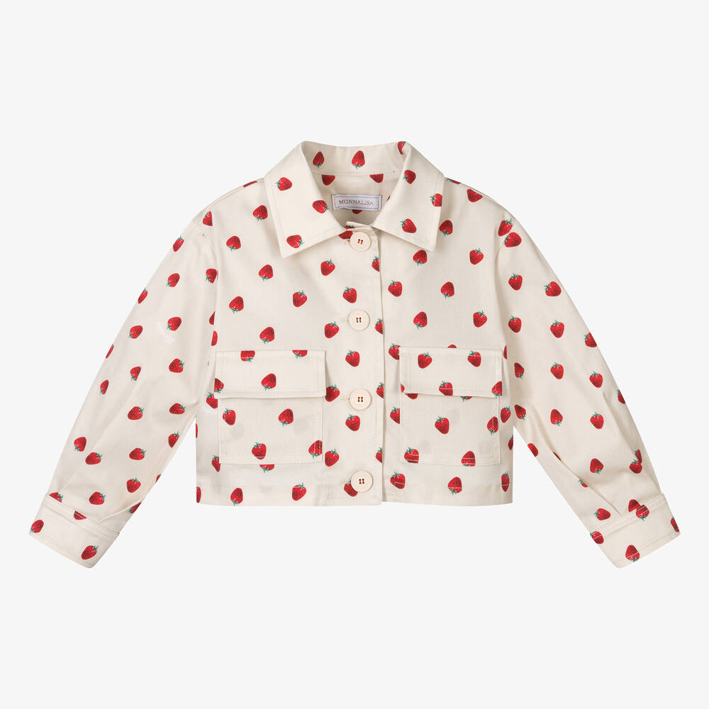 Monnalisa-Girls Beige Cotton Strawberry Jacket | Childrensalon Outlet