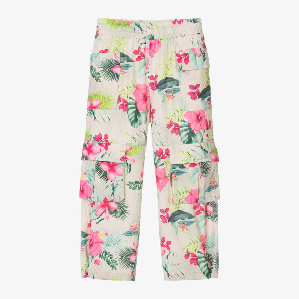 Monnalisa-Girls Beige Floral Crêpe Cargo Trousers | Childrensalon Outlet