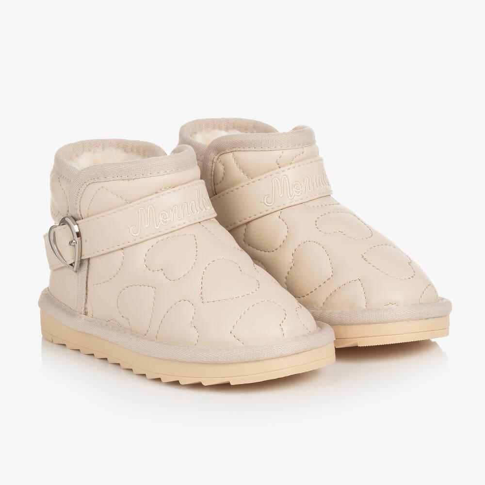 Monnalisa - Girls Beige Heart Faux Fur Boots | Childrensalon