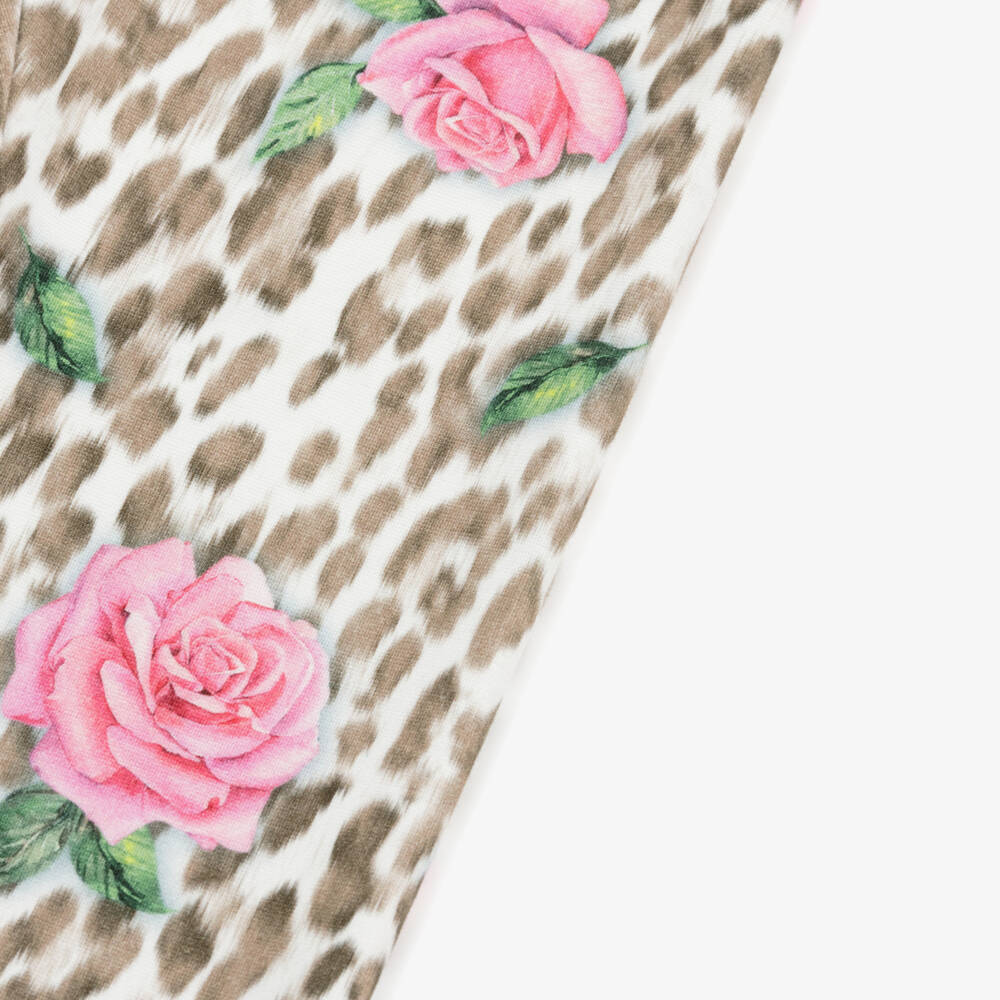 Monnalisa-Бежевые леггинсы с леопардовым и цветочным принтом для девочек | Childrensalon Outlet