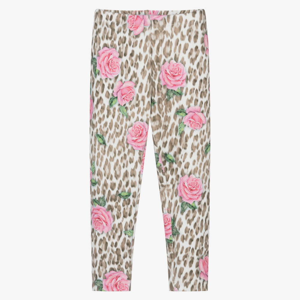 Monnalisa-Girls Beige Leopard & Pink Rose Print Leggings | Childrensalon Outlet
