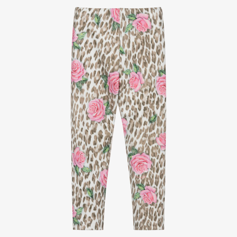 Monnalisa-Girls Beige Leopard & Pink Rose Print Leggings | Childrensalon Outlet