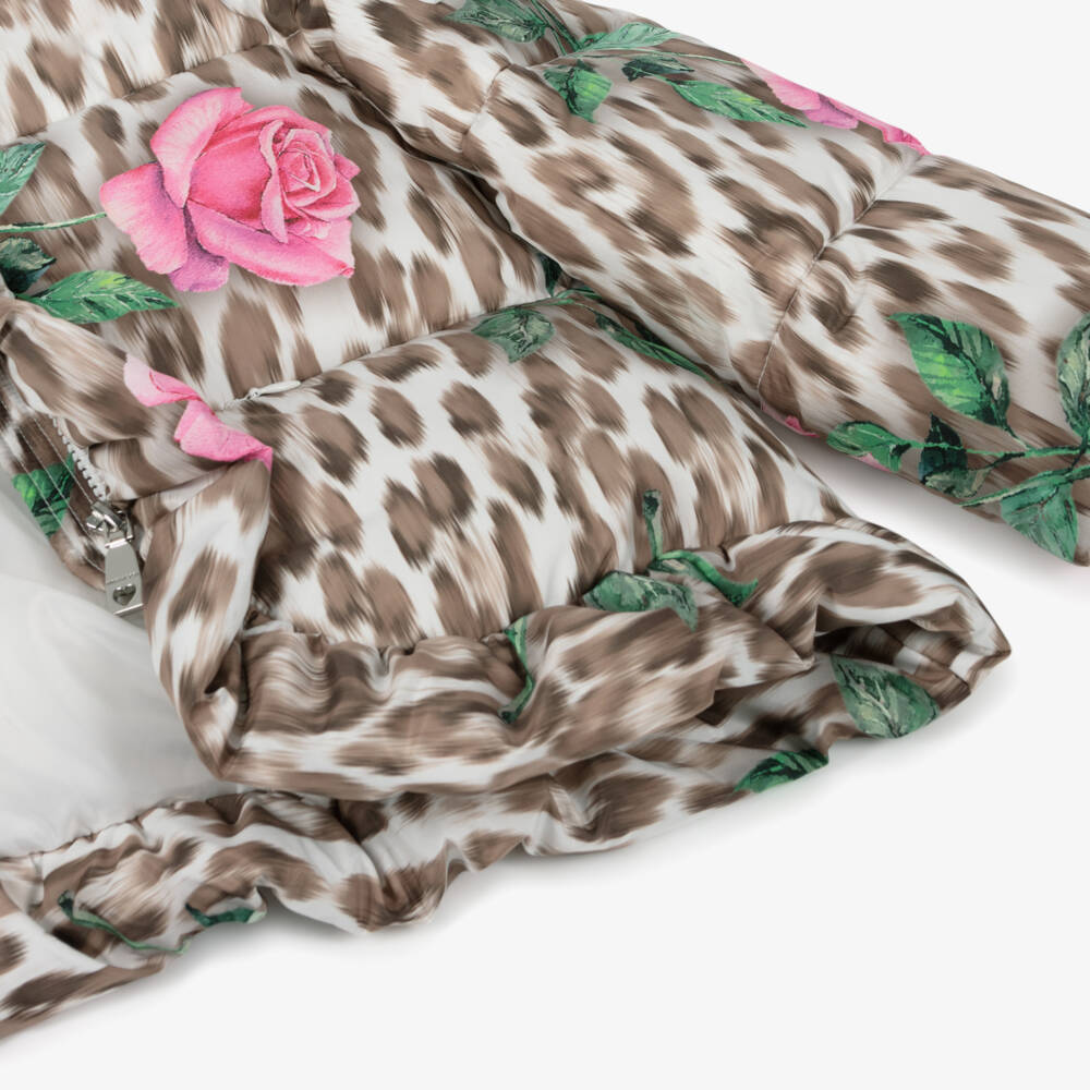 Monnalisa-Girls Beige Leopard & Pink Rose Print Puffer Jacket | Childrensalon Outlet