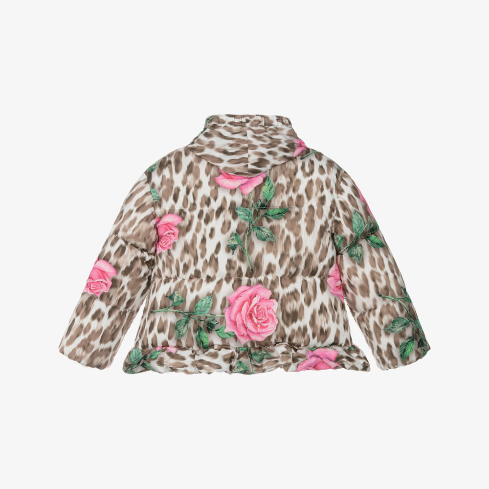 Monnalisa-Girls Beige Leopard & Pink Rose Print Puffer Jacket | Childrensalon Outlet