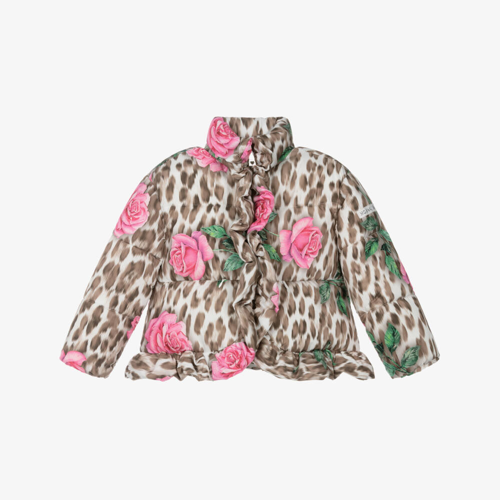Monnalisa-Girls Beige Leopard & Pink Rose Print Puffer Jacket | Childrensalon Outlet