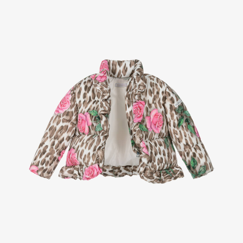 Monnalisa-Girls Beige Leopard & Pink Rose Print Puffer Jacket | Childrensalon Outlet