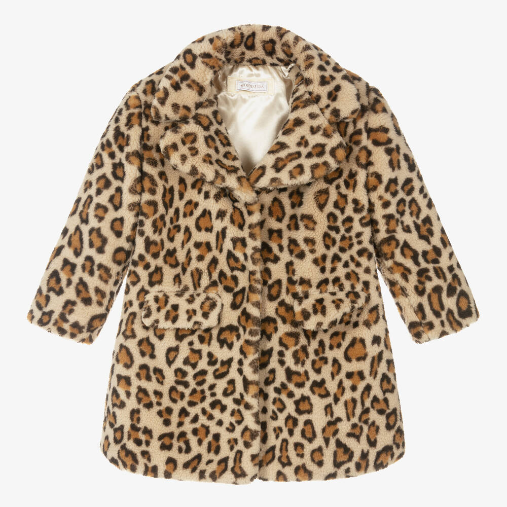 Monnalisa - Girls Beige Leopard Teddy Coat  | Childrensalon