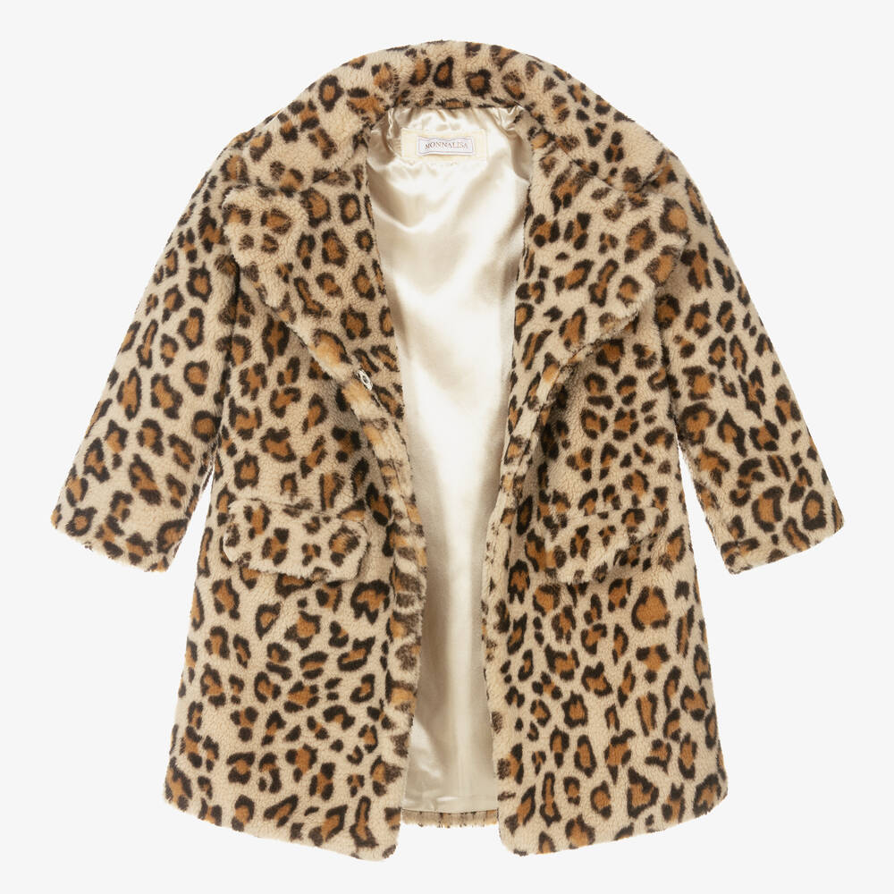 Monnalisa Girls Beige Leopard Teddy Coat Childrensalon Outlet
