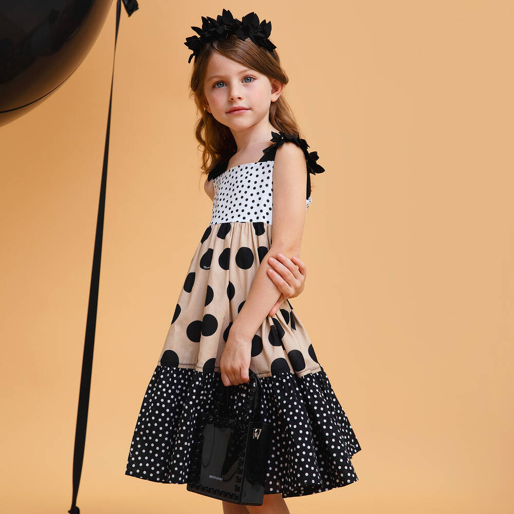 Monnalisa-Girls Beige Polka Dot Cotton Dress | Childrensalon Outlet