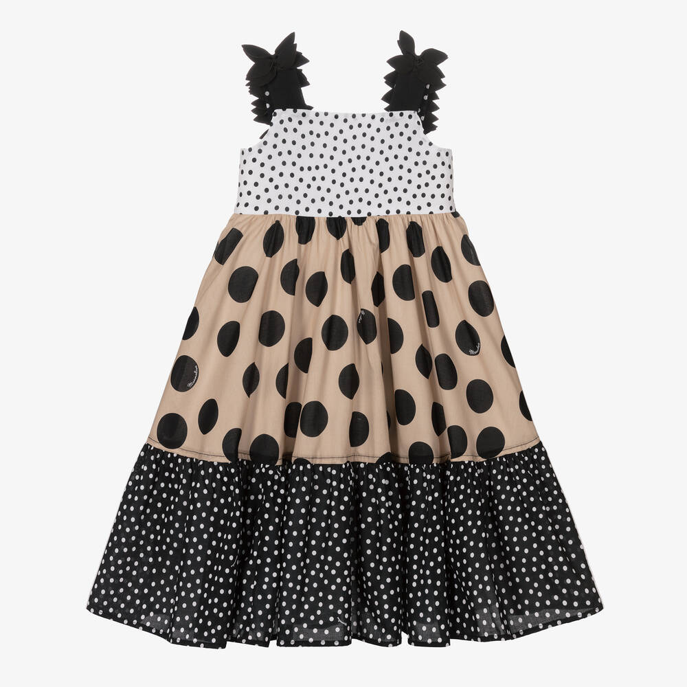 Monnalisa - Girls Beige Polka Dot Cotton Dress | Childrensalon