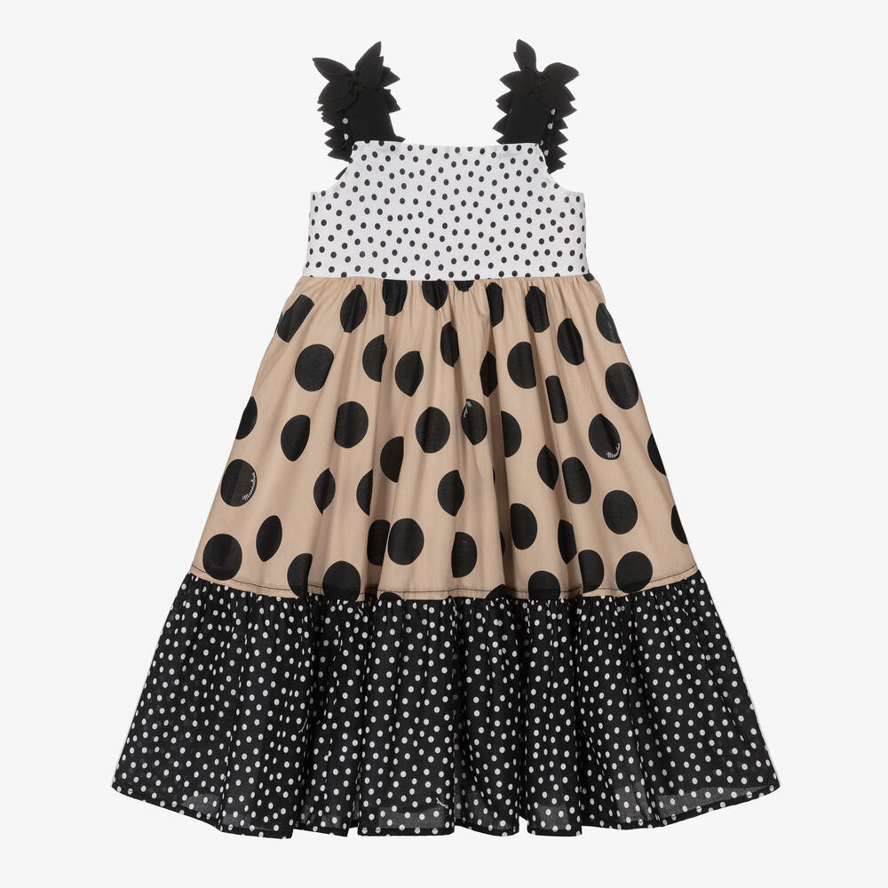Monnalisa-Бежевое хлопковое платье в горох | Childrensalon Outlet