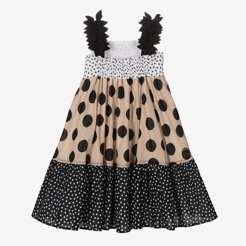 Monnalisa-Girls Beige Polka Dot Cotton Dress | Childrensalon Outlet