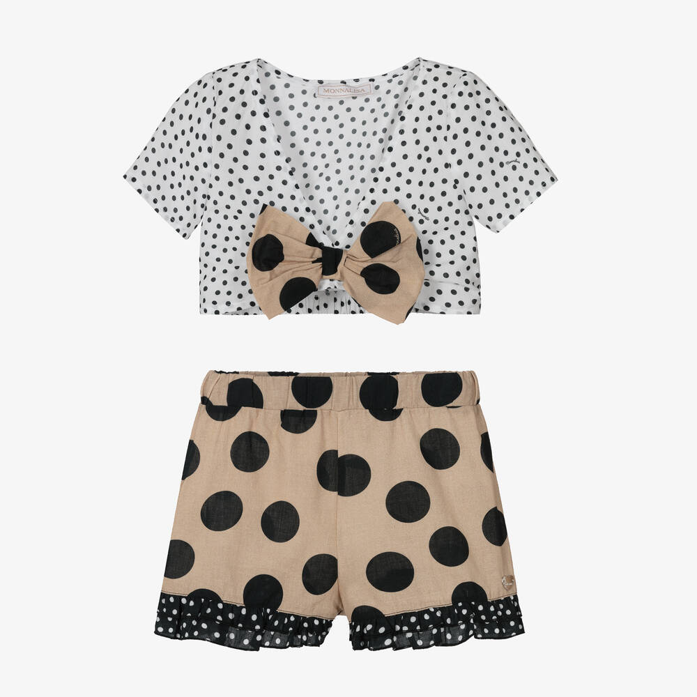 Monnalisa - Girls Beige Polka Dot Cotton Shorts Set | Childrensalon