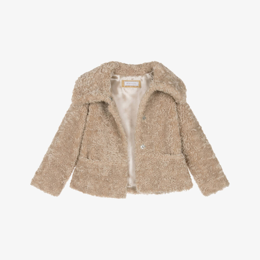 Monnalisa-Girls Beige Sherpa Fleece Jacket | Childrensalon Outlet