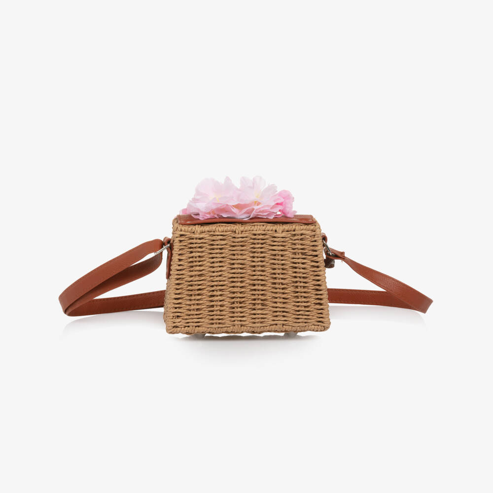 Monnalisa-Girls Beige Straw Blossom Handbag | Childrensalon Outlet