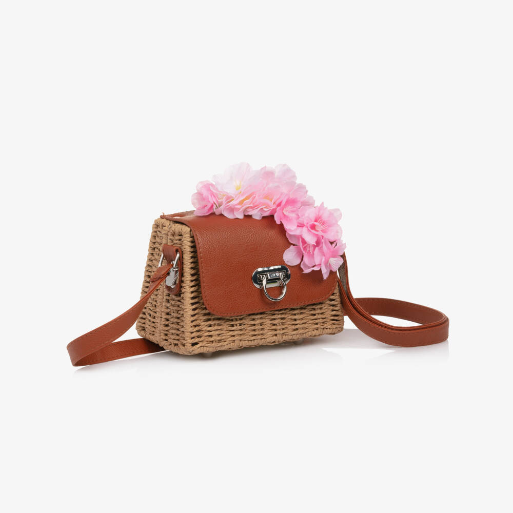 Monnalisa-Girls Beige Straw Blossom Handbag | Childrensalon Outlet