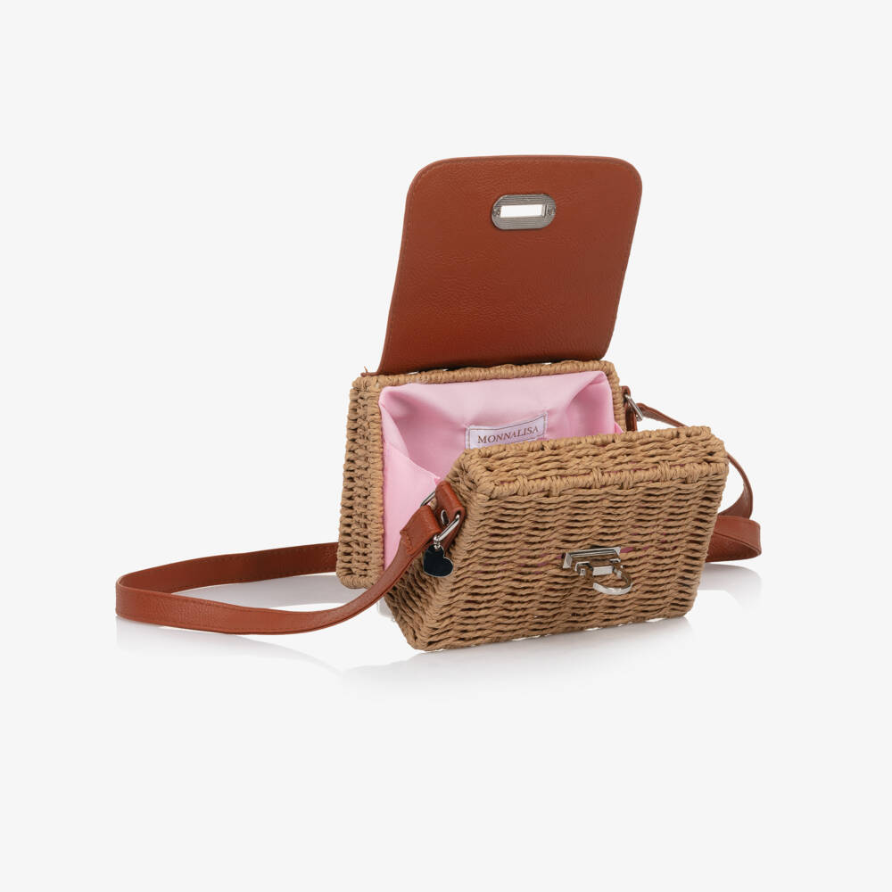 Monnalisa-Girls Beige Straw Blossom Handbag | Childrensalon Outlet