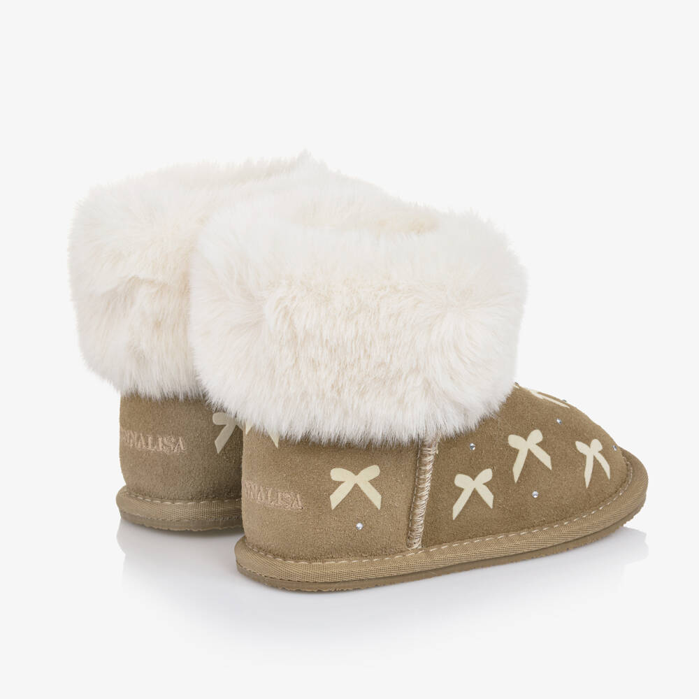 Monnalisa-Girls Beige Suede Leather Bow Boots with Faux Fur Trim | Childrensalon Outlet
