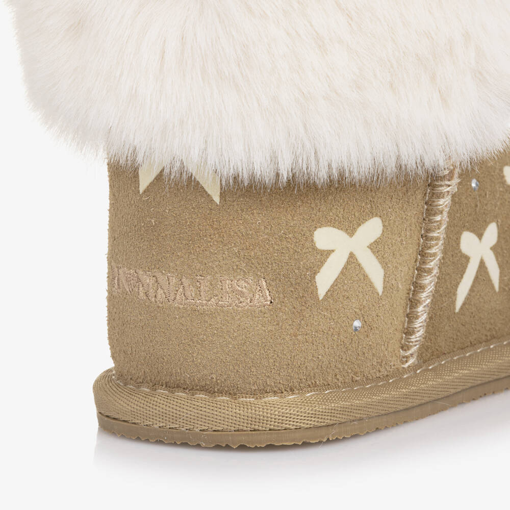 Monnalisa-Girls Beige Suede Leather Bow Boots with Faux Fur Trim | Childrensalon Outlet