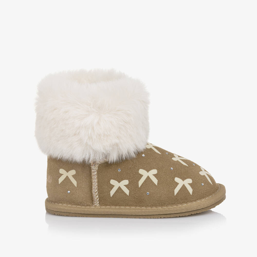Monnalisa-Girls Beige Suede Leather Bow Boots with Faux Fur Trim | Childrensalon Outlet