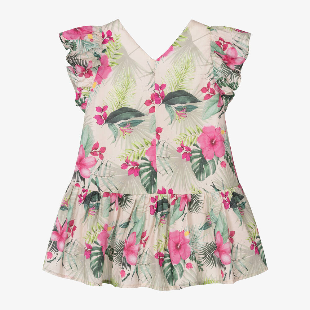 Monnalisa-Girls Beige Tropical Floral Cotton Dress | Childrensalon Outlet