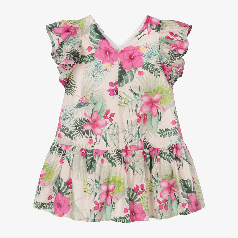 Monnalisa-Girls Beige Tropical Floral Cotton Dress | Childrensalon Outlet