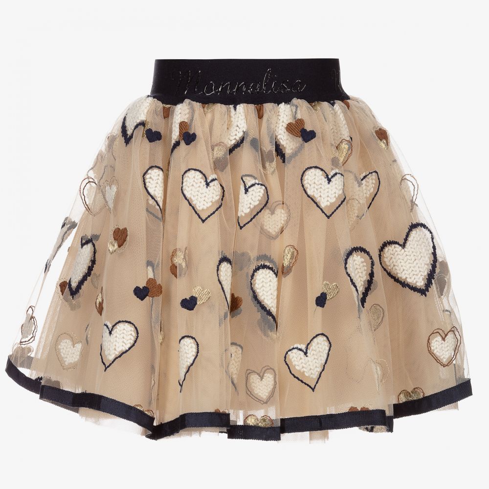 Monnalisa-Girls Beige Tulle Heart Skirt | Childrensalon Outlet
