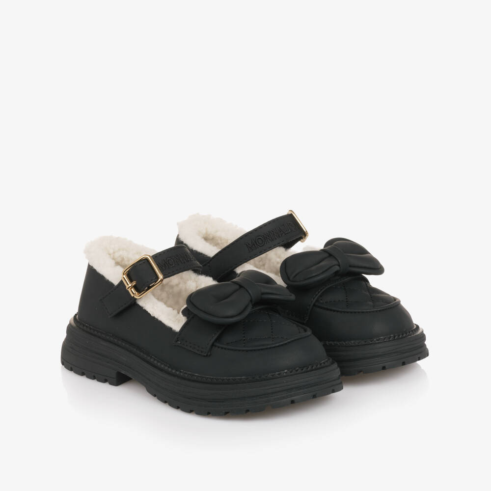 Monnalisa-Girls Black Bar Shoes with Sherpa Fleece Lining | Childrensalon Outlet