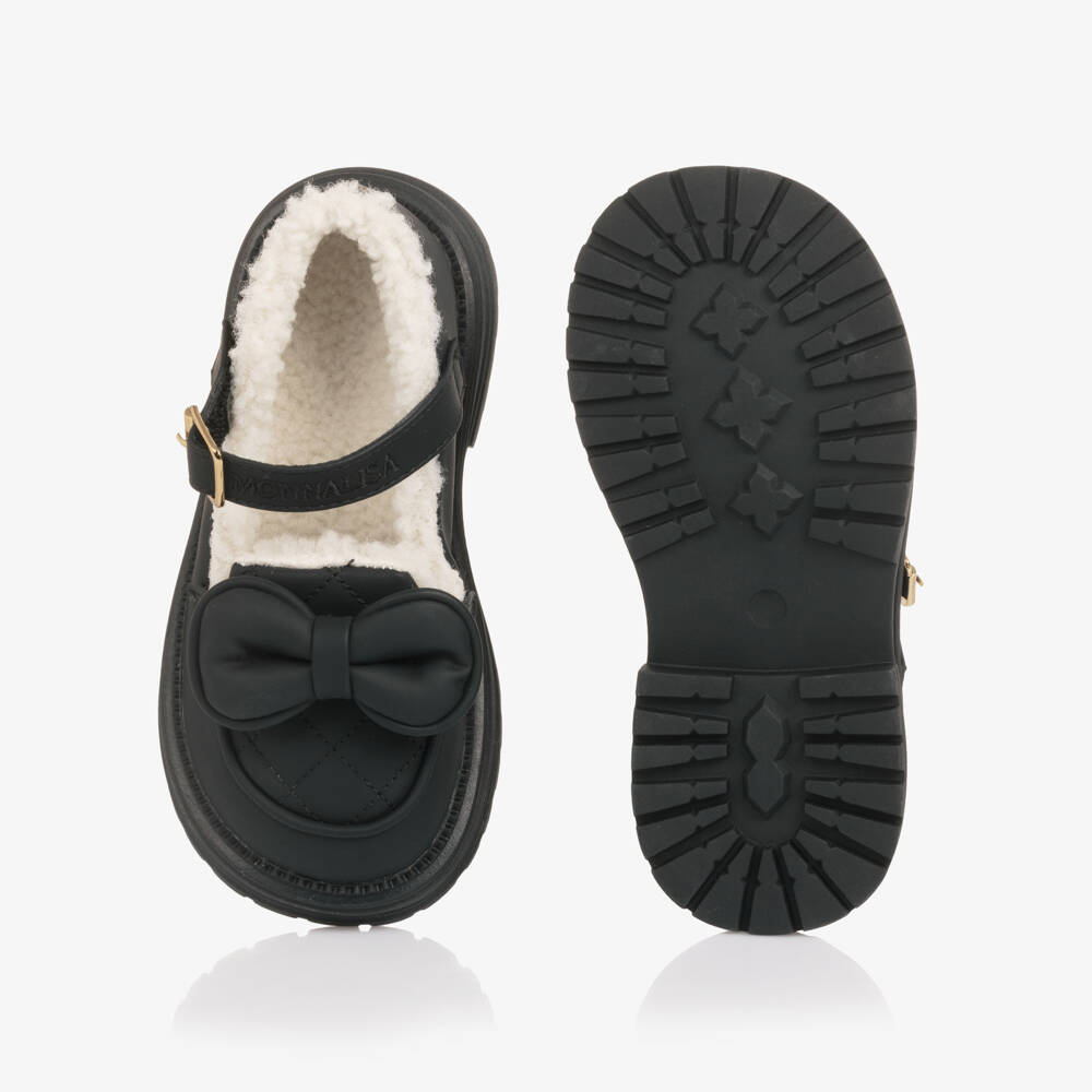Monnalisa-Girls Black Bar Shoes with Sherpa Fleece Lining | Childrensalon Outlet