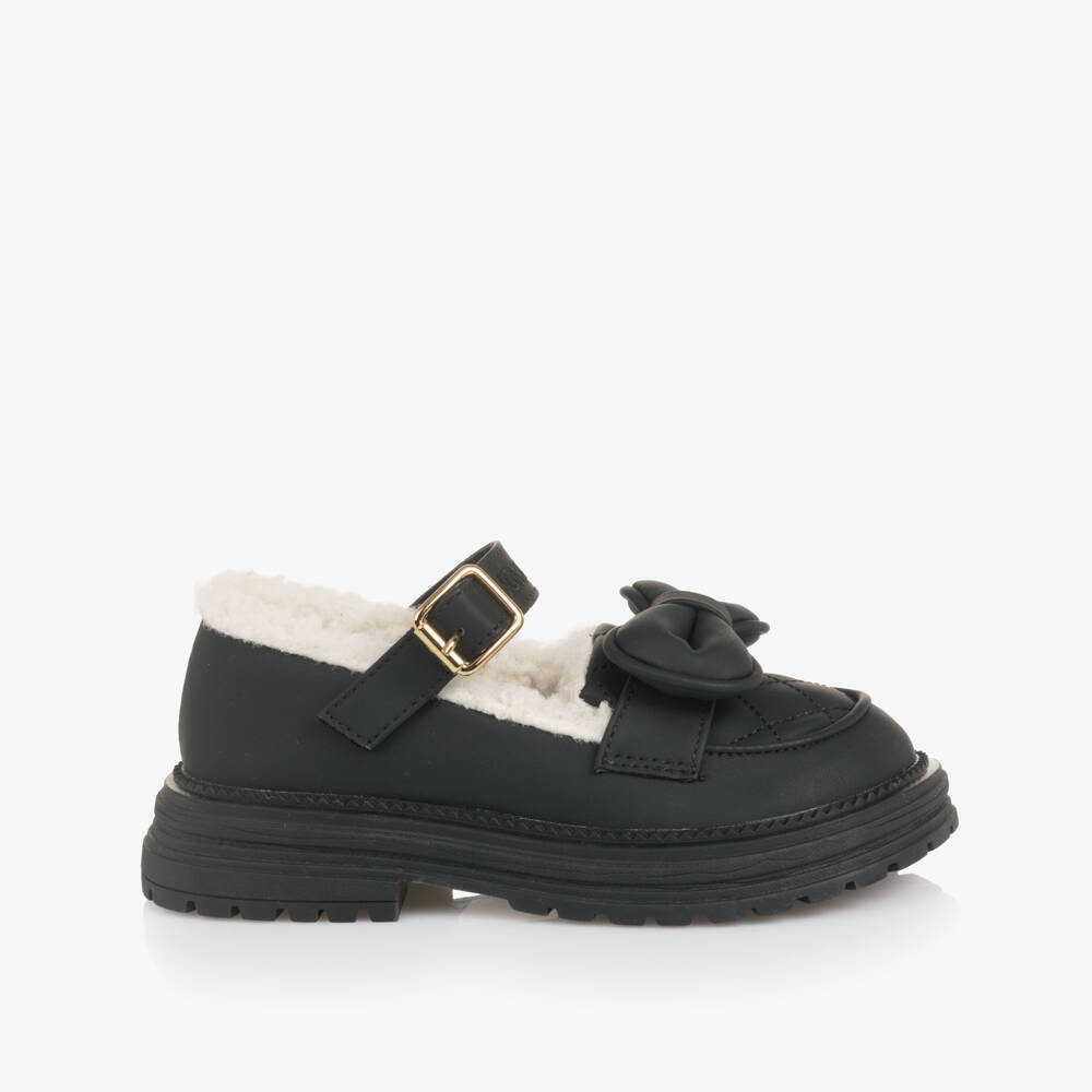 Monnalisa-Girls Black Bar Shoes with Sherpa Fleece Lining | Childrensalon Outlet