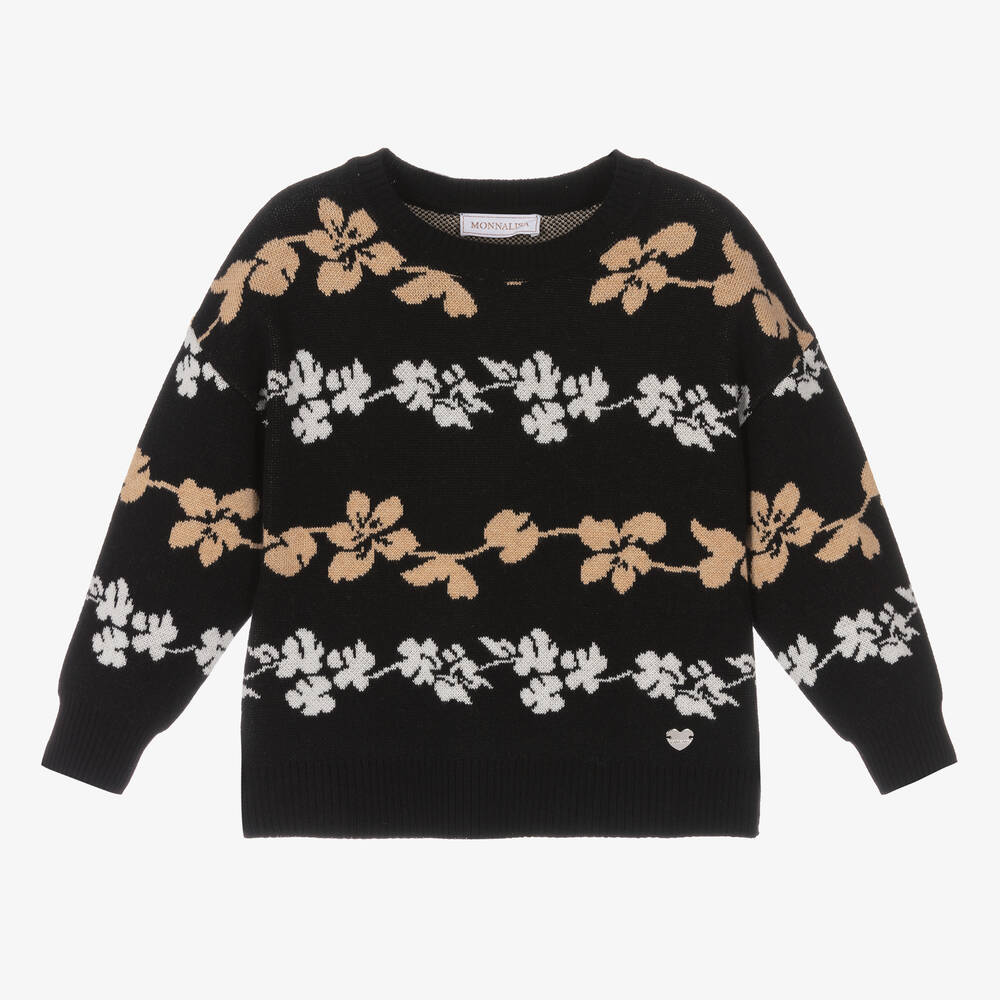 Monnalisa - Черный вязаный свитер с бежевыми цветами | Childrensalon