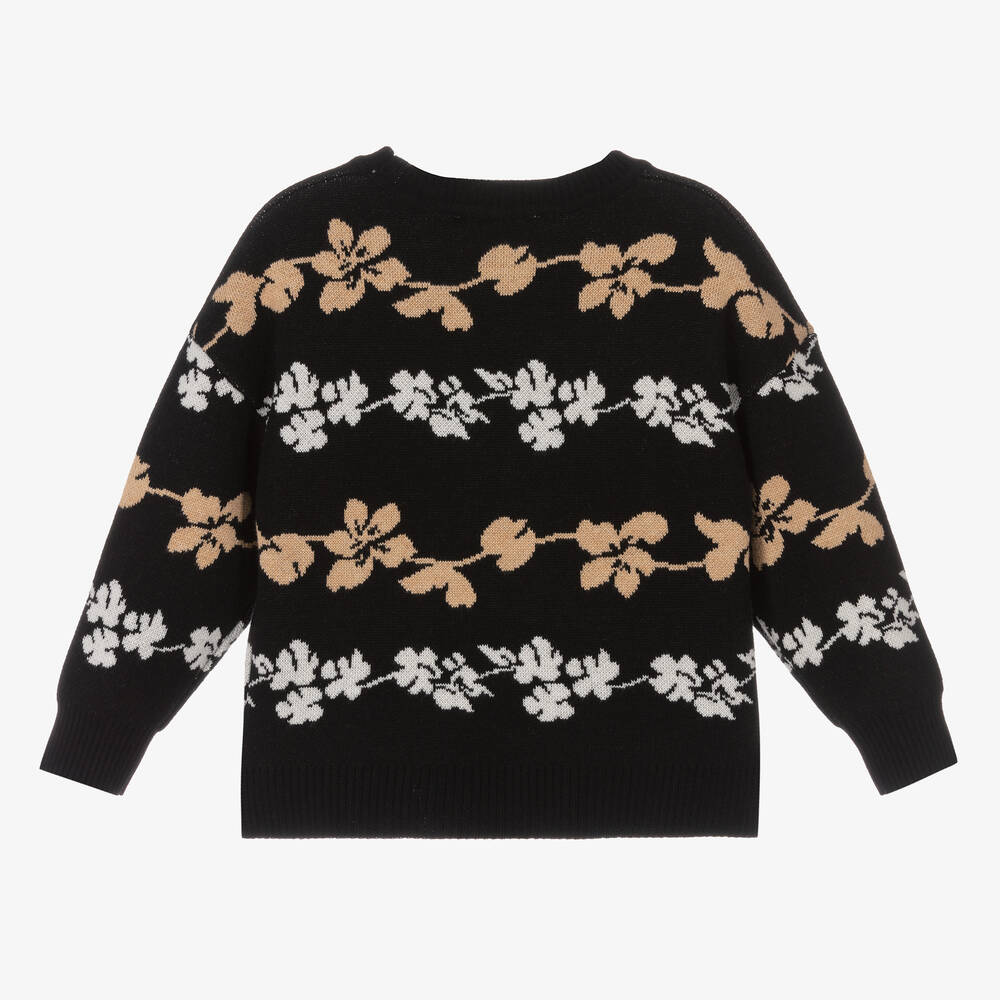 Monnalisa-Girls Black & Beige Floral Knit Sweater | Childrensalon Outlet