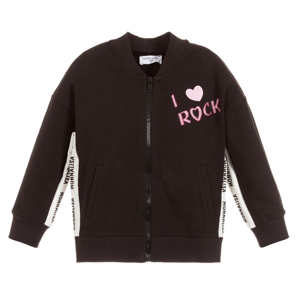 Monnalisa - Girls Black Cotton Zip-Up Top | Childrensalon