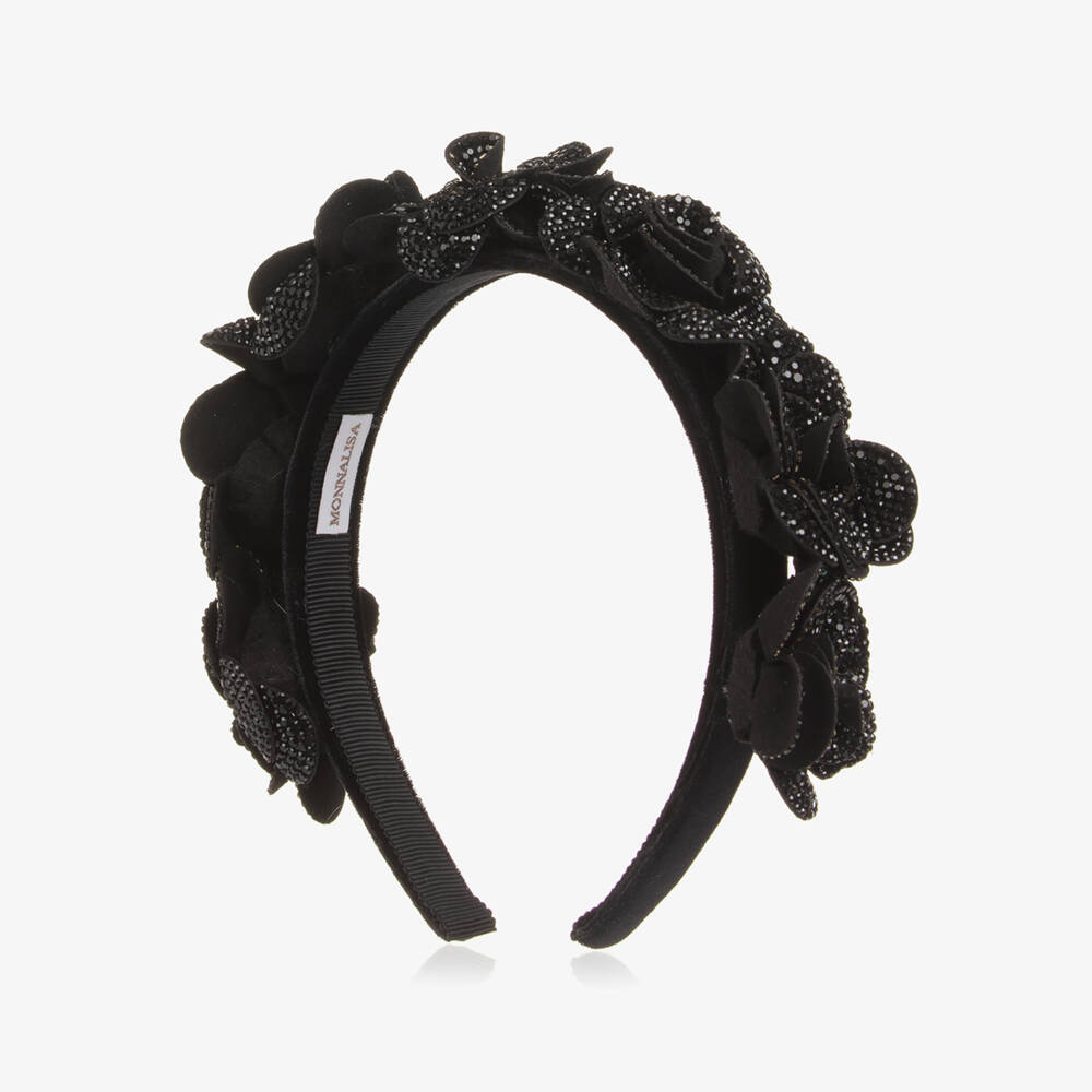 Monnalisa-Girls Black Diamanté Flower Hairband | Childrensalon Outlet