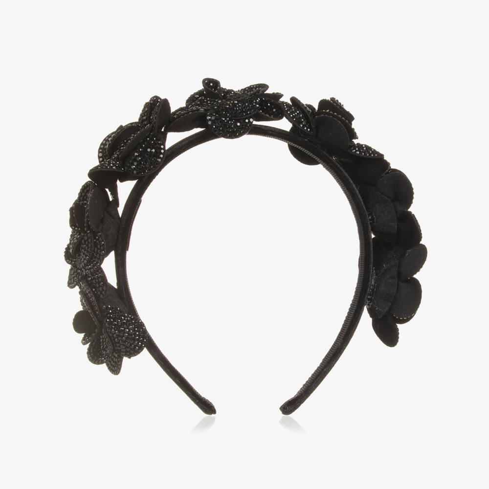 Monnalisa-Girls Black Diamanté Flower Hairband | Childrensalon Outlet