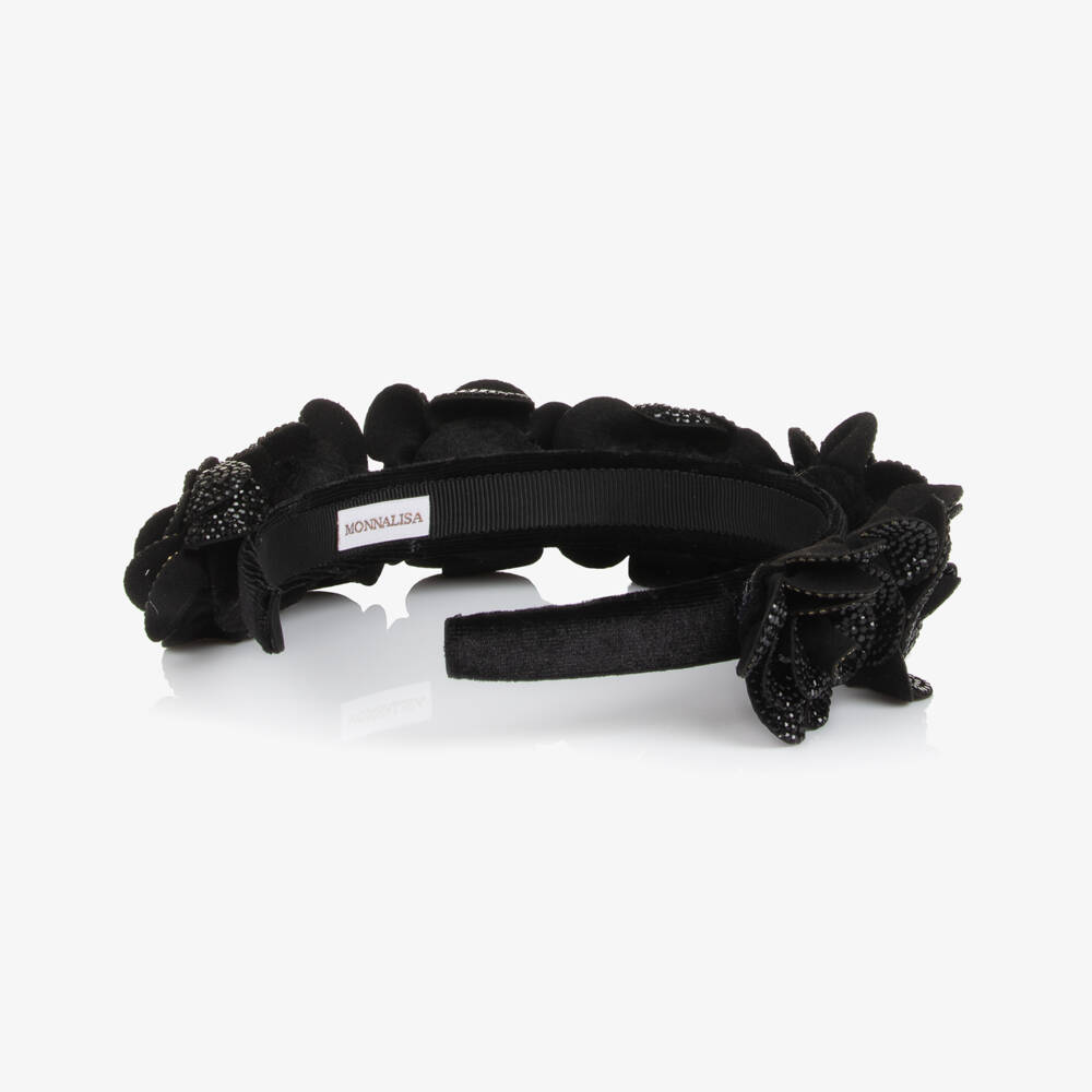 Monnalisa-Girls Black Diamanté Flower Hairband | Childrensalon Outlet