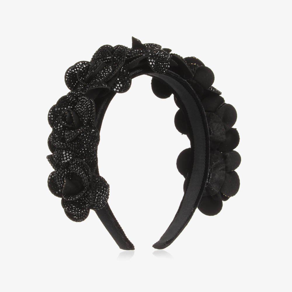 Monnalisa-Girls Black Diamanté Flower Hairband | Childrensalon Outlet