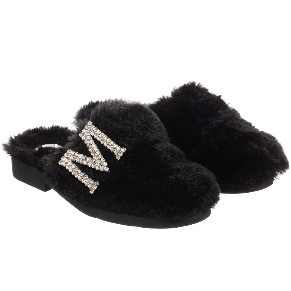 Monnalisa - Girls Black Faux Fur Mules | Childrensalon